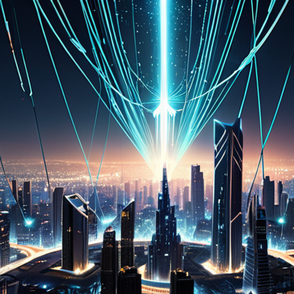 **

A futuristic cityscape with fiber optic cables glowing with light connecting buildings. A stylized quantum key floats above, with faint particles radiating from it. The overall mood is technological and secure, conveying the protection of financial institutions by QKD.

**
