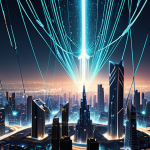 **

A futuristic cityscape with fiber optic cables glowing with light connecting buildings. A stylized quantum key floats above, with faint particles radiating from it. The overall mood is technological and secure, conveying the protection of financial institutions by QKD.

**