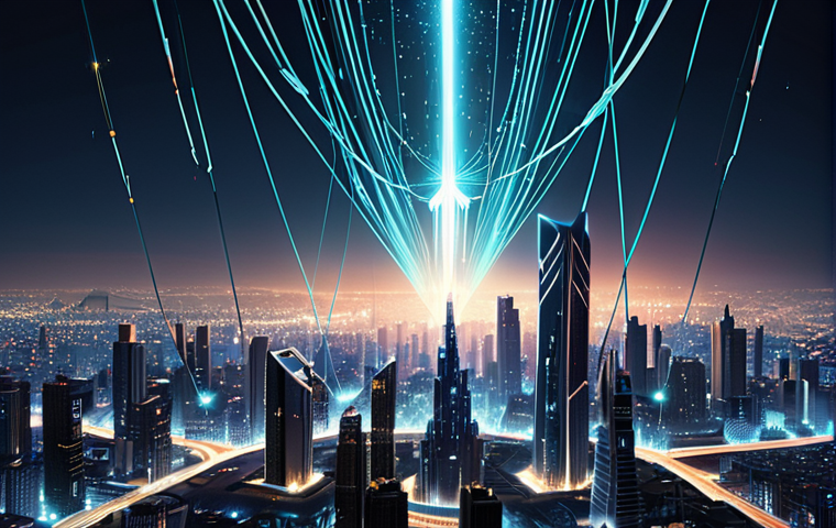**
A futuristic cityscape with fiber optic cables glowing with light connecting buildings. A stylized quantum key floats above, with faint particles radiating from it. The overall mood is technological and secure, conveying the protection of financial institutions by QKD.
**