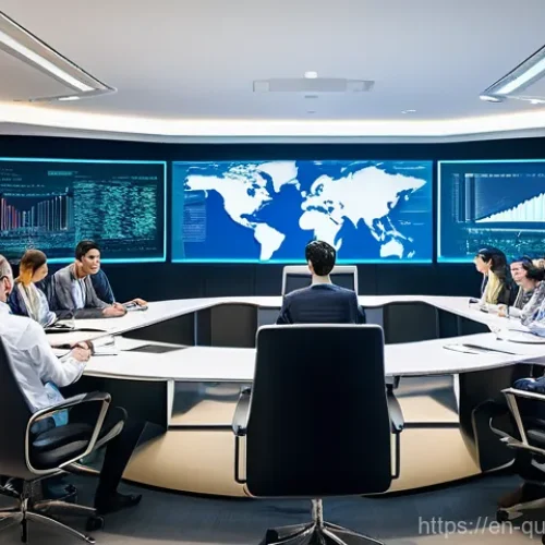 Home 28 양자 보안 기술의 글로벌 협력 동향 - **Global Standardization Meeting:** A panoramic shot of a brightly lit, modern conference room fille...