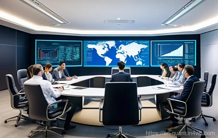 양자 보안 기술의 글로벌 협력 동향 - **Global Standardization Meeting:** A panoramic shot of a brightly lit, modern conference room fille...