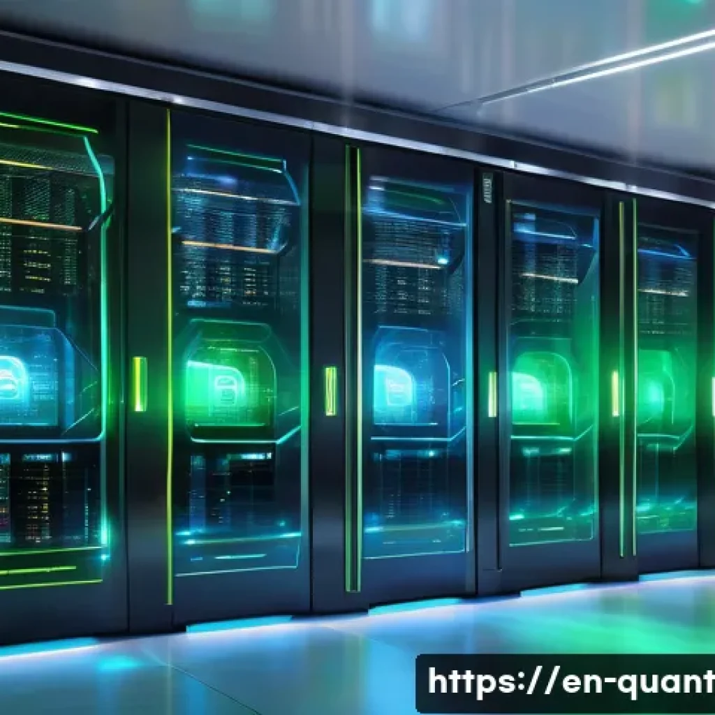 양자 보안 기술을 통한 금융 정보 보호 - A futuristic financial data center with glowing quantum communication lines connecting multiple secu...