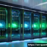 Home 14 양자 보안 기술을 통한 금융 정보 보호 - A futuristic financial data center with glowing quantum communication lines connecting multiple secu...