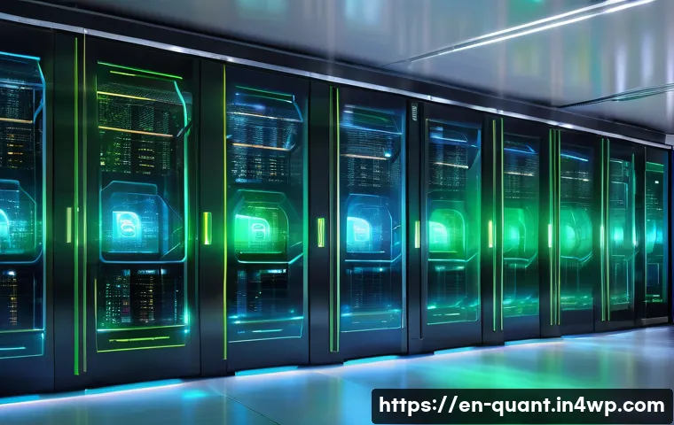 양자 보안 기술을 통한 금융 정보 보호 - A futuristic financial data center with glowing quantum communication lines connecting multiple secu...