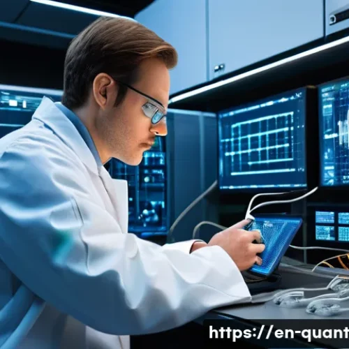 Home 13 양자 통신의 안전성 평가 기준 - A highly detailed illustration of a futuristic quantum communication laboratory, showcasing advanced...