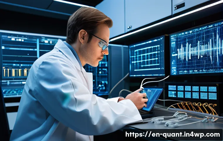 양자 통신의 안전성 평가 기준 - A highly detailed illustration of a futuristic quantum communication laboratory, showcasing advanced...