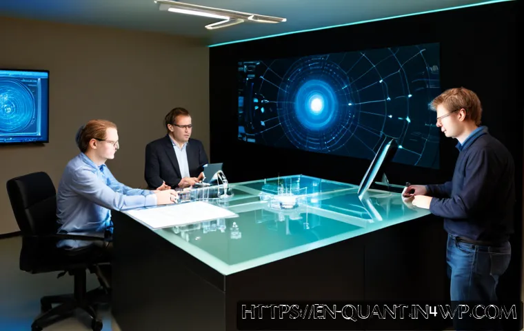 Home 17 양자 보안 기술의 다학제적 접근 - Photorealistic interdisciplinary quantum security research meeting in a modern university laboratory...
